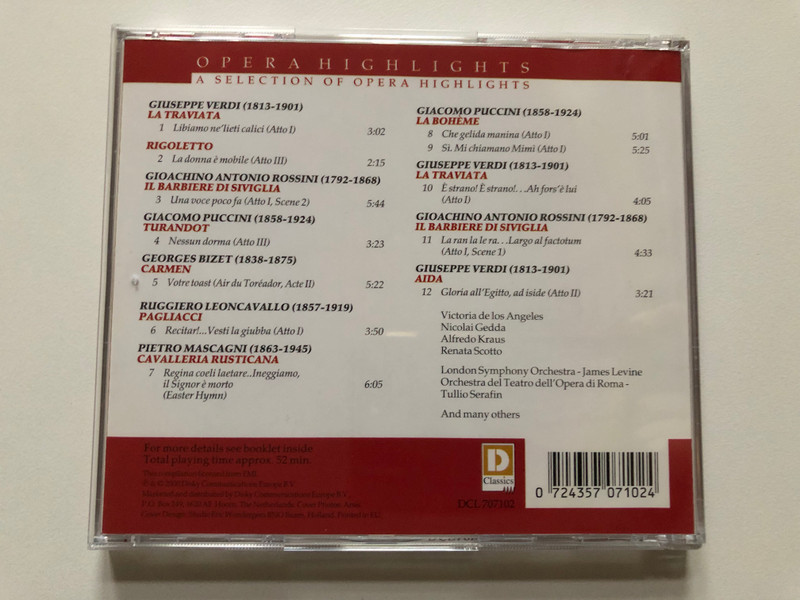 Opera Highlights (A Selection Of Opera Highlights) - The Most Famous Operas Performed By National Philharmonic Orchestra, London Symphony Orchestra, Roberto Paternostro, Tullio Serafin, and others / D-Classics Audio CD 2000 / DCL 707102