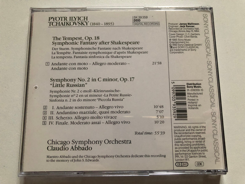Tchaikovsky - Symphony No. 2 in C minor, Op,17 "Little Russian"; The Tempest - Chicago Symphony Orchestra, Claudio Abbado / Sony Classical Audio CD 1992 / SK 39 359