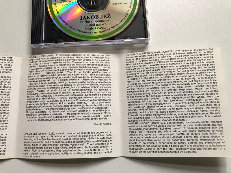 Jakob Jež – Pogled Zvezd; Pogled Narave; Brižinski Spomeniki / ZKP RTVS Audio CD / DD 0058
