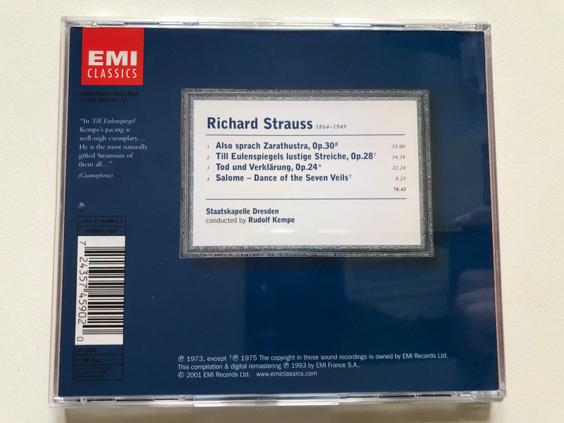 Richard Strauss - Also Sprach Zarathustra; Till Eulenspiegels Lustige Streiche; Tod Und Verklarung; Salome - Dance Of The Seven Veils - Staatskapelle Dresden, Rudolf Kempe / EMI Classics Audio CD 2001 Stereo / 724357459020