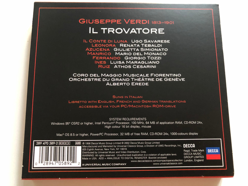 Verdi: Il Trovatore - Del Monaco, Tebaldi, Simionato, Erede / The Compact Opera Collection / Decca 2x Audio CD 2002 / 470 589-2