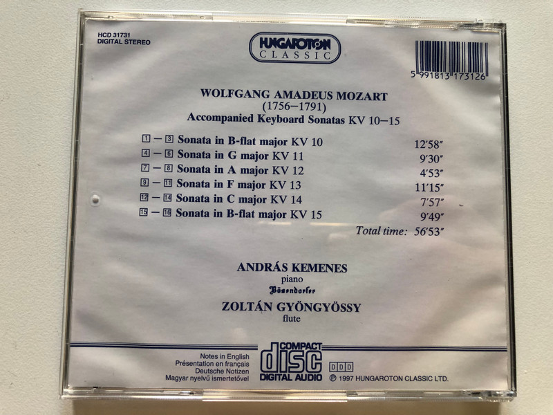 Mozart: Accompained Keyboards Sonatas KV 10-15 - András Kemenes (piano), Zoltán Gyöngyössy (flute) / Hungaroton Classic Audio CD 1997 Stereo / HCD 31731