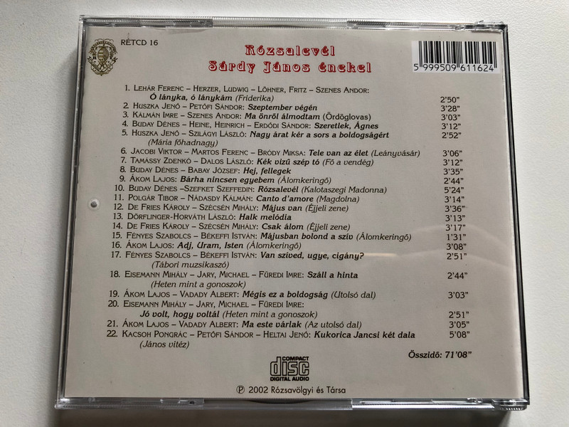 Rózsalevél - Sárdy János Énekel / Rózsavölgyi És Társa Audio CD 2002 Mono / RÉTCD 16