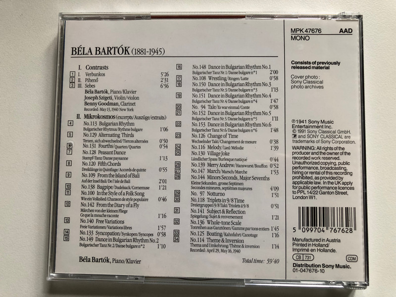 Béla Bartók, Joseph Szigeti, Benny Goodman - Bartók: Contrasts, Mikrokosmos (excerpts) / Masterworks Portrait Audio CD 1991 Mono / MPK 47676