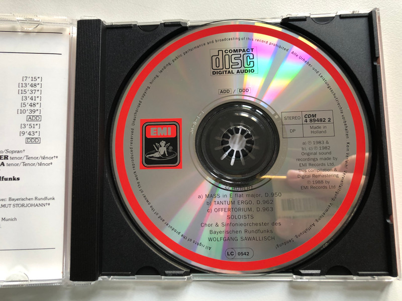 Schubert - Messe Es-Dur, D. 950;Tantum Ergo, D. 962; Offertorium, D. 963 - Donath, Popp, Fassbaender, Schreier, Araiza, Dallapozza, Fischer-Dieskau, Chor Und Sinfonieorchester Des Bayerischen Rundfunks / EMI Audio CD 1988 Stereo / CDM 4 89482 2
