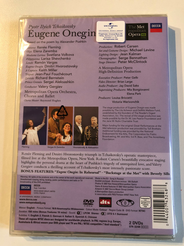 Tchaikovsky: Eugene Onegin - Renée Fleming, Ramón Vargas, Dmitri Hvorostovsky, The Metropolitan Opera, Orchestra, Chorus and Ballet, Valery Gergiev / Decca 2x DVD Video CD 2007 / 074 3248 DX2