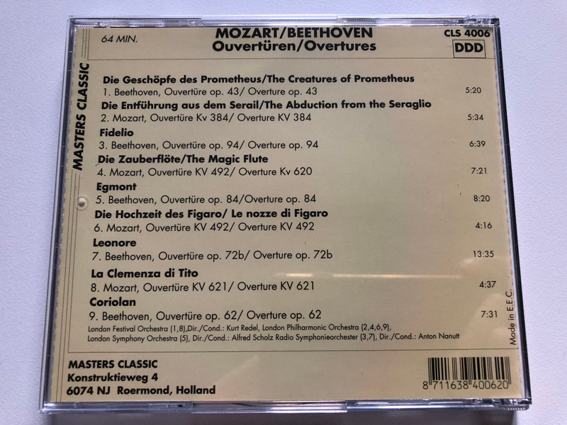 Mozart, Beethoven: Klassische Ouvertüren = Classical Overtures - Die Entführung Aus Dem Serail; Die Zauberflöte; Figaros Hochzeit; Die Geschöpfe Des Prometheus; Fidelio; Egmont; Leonore; Coriolan / Masters Classics Audio CD / CLS 4006