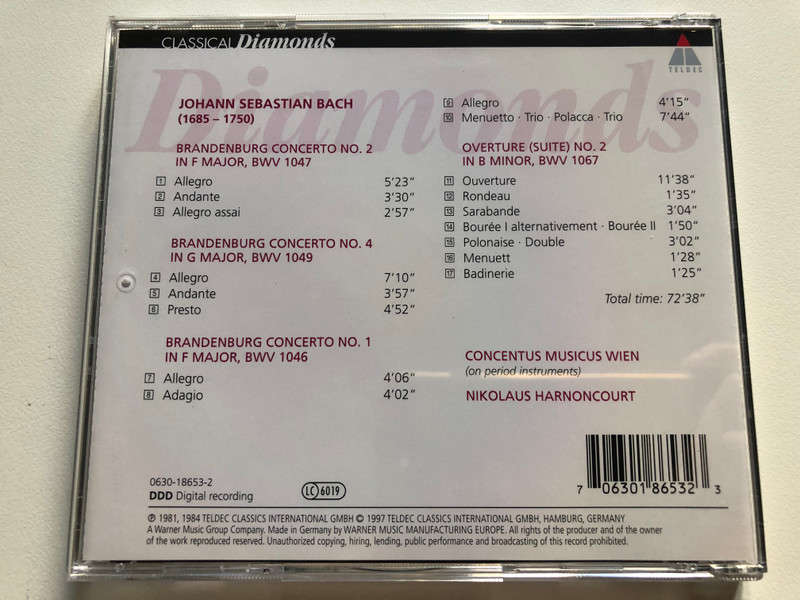 Bach - Brandenburg Concertos Nos. 1, 2 & 4 - Nikolaus Harnoncourt / Classical Diamonds / TELDEC Audio CD 1997 / 0630-18653-2