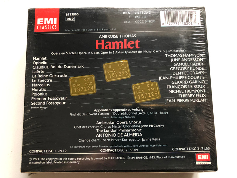 Hamlet - Ambroise Thomas: Thomas Hampson, June Anderson, Samuel Ramey, Denyce Graves, Gregory Kunde, Ambrosian Singers, The London Philharmonic, Antonio De Almeida / EMI Classics 3x Audio CD, Box Set 1993 Stereo / CDS 7 54820 2