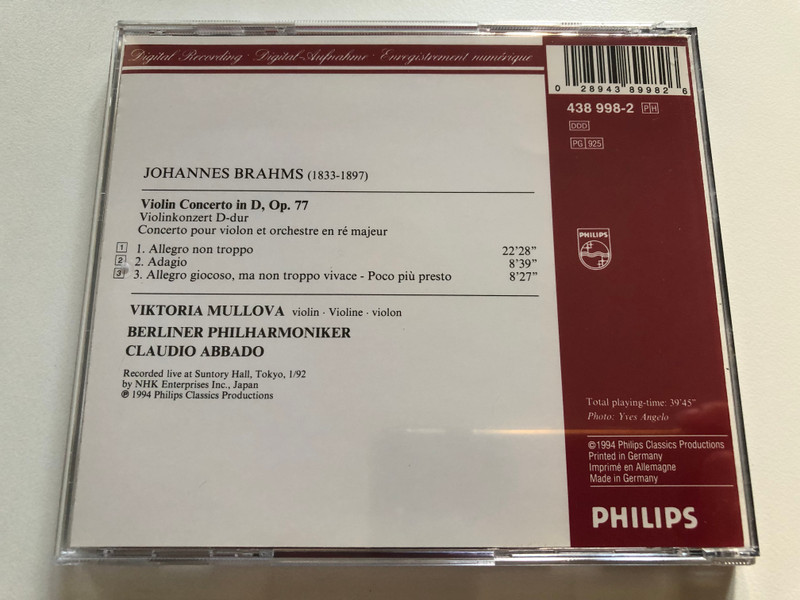 Violin Concerto (Live In Tokyo) / Brahms, Viktoria Mullova, Berliner Philharmoniker, Claudio Abbado / Audio CD (028943899826)