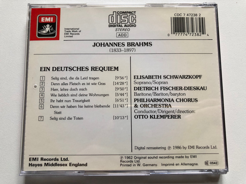 Brahms: Ein Deutsches Requiem - Schwarzkopf, Fischer-Dieskau, Klemperer, Philharmonia Chorus & Orchestra / EMI Audio CD Stereo / CDC 7 47238 2