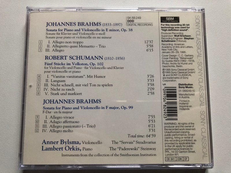 Brahms: Sonatas For Piano And Cello, Schumann: 5 Stücke Im Volkston - Anner Bylsma, Lambert Orkis / Sony Classical Audio CD 1995 / Vivarte / SK 68 249