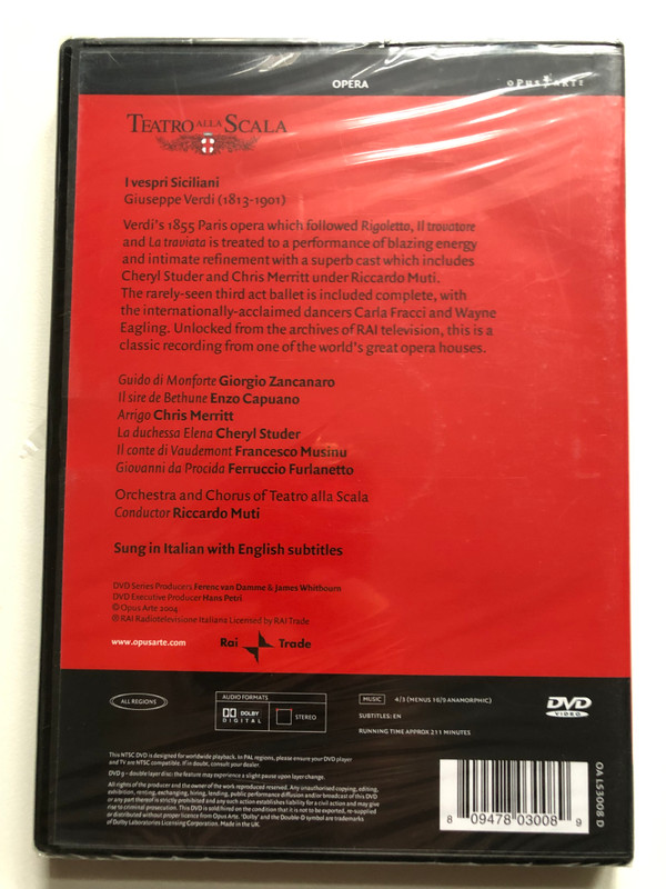  Verdi - I Vespri Siciliani  Merritt, Studer, Furlanetto, Zancanaro, Musinu, Banditelli, Gavazzi, Muti  Orchestra & Chorus of Teatro alla Scala  Opus Arte (809478030089)