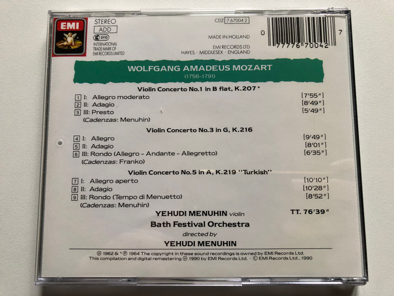Mozart: Violin Concertos 1, 3 & 5 "Turkish" - Yehudi Menuhin / Mozart 91 / EMI Audio CD 1990 Stereo / CDZ 7 67004 2