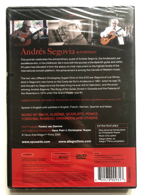 Andres Segovia In Portrait  THE CHRISTOPHER NUPEN FILMS  FEATURING SEGOVIA AT LOS OLIVOS & THE SONG OF THE GUITAR  OPUS ARTE (809478009313)