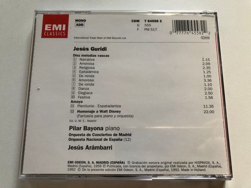 Guridi: Diez Melodias Vascas - Amaya - Homenaje A Walt Disney / Guridi, Jesús Arámbarri, Orquesta De Conciertos De Madrid, Orquesta Nacional De España / EMI CLASSICS / Audio CD (077776455822)