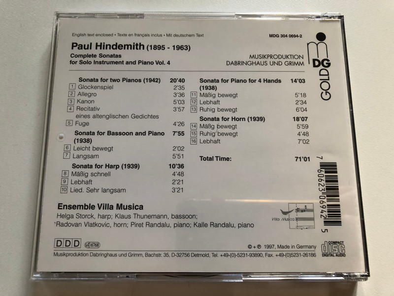 PAUL HINDEMITH - COMPLETE SONATAS / Vol. 4 / Complete Sonatas for Solo Instrument and Piano Vol. 4 / ENSEMBLE VILLA MUSICA / Audio CD (760623069425)