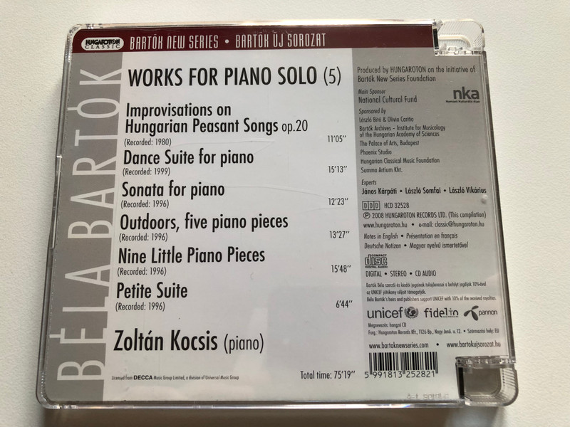 Béla Bartók: Works For Piano Solo (5) - Zoltán Kocsis / Improvisations On Hungarian Peasant Songs; Sonata; Outdoors; Nine Little Piano Pieces; Petite Suite / Bartók New Series / Hungaroton Classic Audio CD Stereo 2008 / HCD 32528