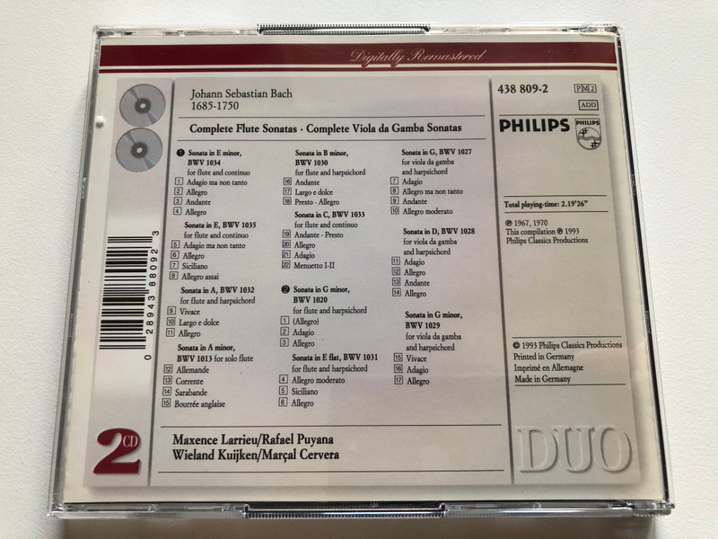 Bach - Flute Sonatas (Complete); Viola Da Gamba Sonatas (Complete) - Maxence Larrieu, Marçal Cervera, Rafael Puyana, Wieland Kuijken / 135 min. + / Duo / Philips Classics 2x Audio CD 1993 / 438 809-2