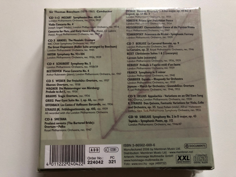 Thomas Beecham: The Maestro - Grieg; Delius; Wagner; Strauss; Sibelius; Berlioz; Beethoven; Offenbach; Borodin; a. m. o. / Membran Music Ltd. 10x Audio CD, Box Set 2006 / 3-86562-669-6