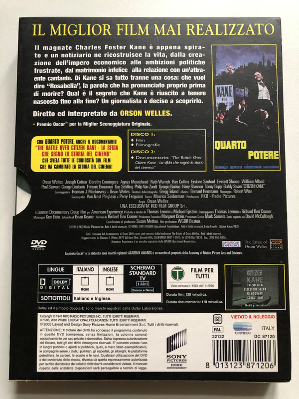QUARTO POTERE / ORSON WELLES, DOROTHY COMINGORE, JOSEPH COTTEN / RKO IL GRANDE CINEMA / 2 DISCHI / DVD Video (8013123871206)