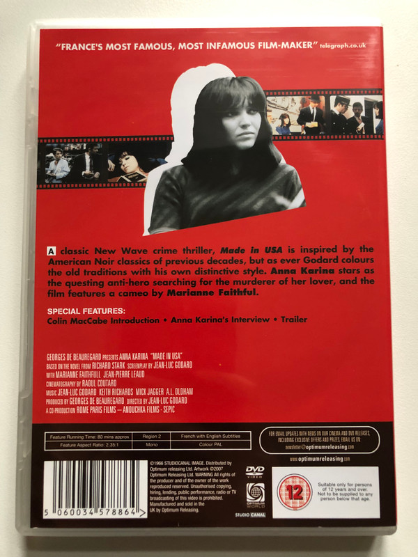 MADE IN USA - GODARD COLLECTION  GEORGES DE BEAUREGARD PRESENTS A FILM BY JEAN-LUC GODARD  ANNA KARINA, MARIANNE FAITHFULL, JEAN-PIERRE LEAUD  STUDIO CANAL  DVD Video (5060034578864)