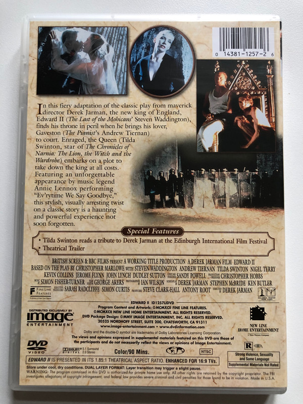 EDWARD II  A film by Derek Jarman  Based on the play by Christopher Marlowe  A CLASSIC TALE OF SEX, REVENGE AND LOVE.  DVD Video (014381125726)
