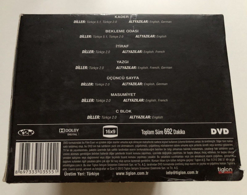 ZEKİ DEMİRKUBUZ FİLMLERİ / KADER, BEKLEME ODASI, İTİRAF, YAZGI, ÜÇÜNCÜ SAYFA, MASUMİYET, C BLOK / TIGLON DVD Video (8697333035551)
