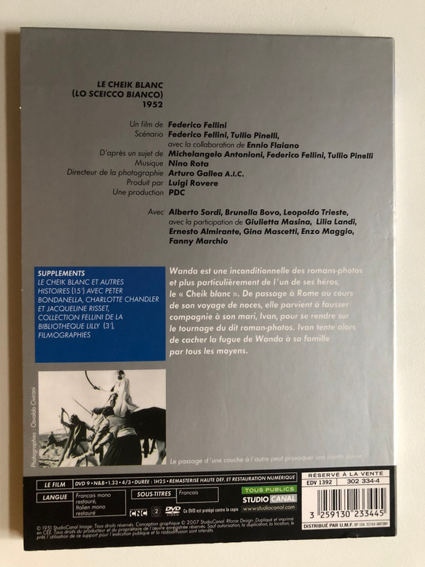 LE CHEIK BLANC / un film de FEDERICO FELLINI / ALBERTO SORDI, BRUNELLA BOVO, LEOPOLDO TRIESTE / AVEC LA PARTICIPATION DE GIULIETTA MASINA / Classique / Studio Canal / DVD Video (3259130233445)