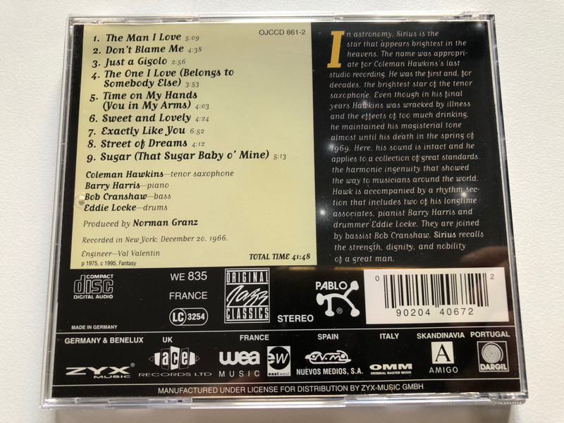 Coleman Hawkins – Sirius / Original Jazz Classics Audio CD 1995 Stereo / OJCCD 861-2
