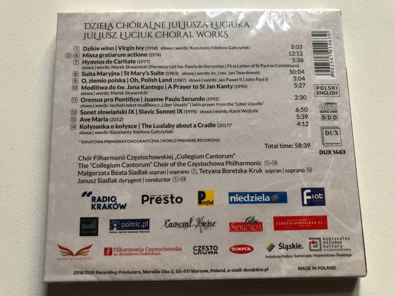 Juliusz Łuciuk: Choral Works - Conductor: Janusz Siadlak, The Collegium Cantorum Choir Of The Czestochowa Philharmonic / DUX Recording Producers Audio CD 2018 / DUX 1463
