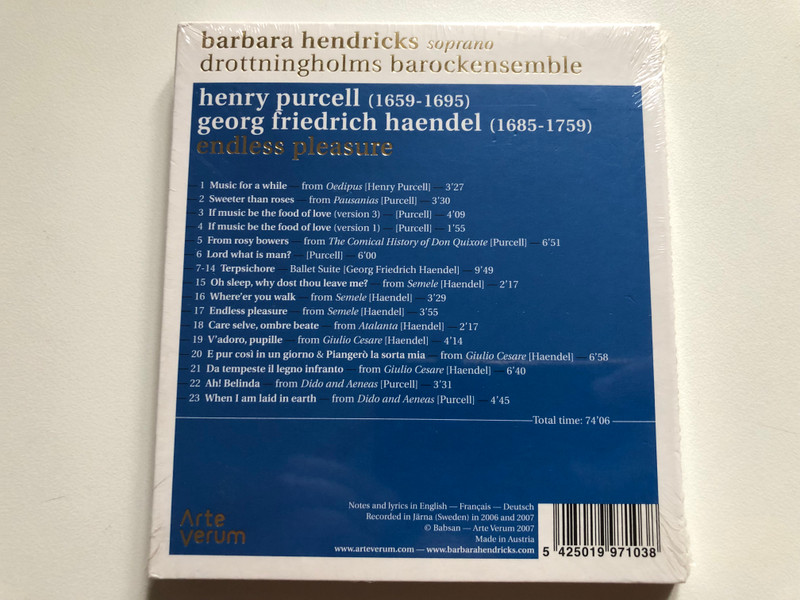 Barbara Hendricks, Drottningholms Barockensemble – Henry Purcell, Georg Friedrich Haendel: Endless Pleasure / Arte Verum Audio CD 2007 / ARV-003