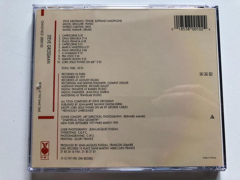 Steve Grossman: Born At The Same Time - Michel Graillier, Patrice Caratini, Daniel Humair / Owl Records Audio CD 1992 / OWL010CD