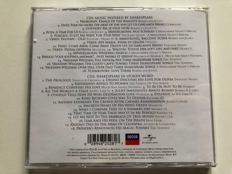 Shakespeare In Music & Words - Featuring: Christopher Plummer, Sir John Gielgud, Vanessa Redgrave, Sir Donald Sinden, Andre Rieu, Bryn Terfel, Renee Fleming, & more / Decca 2x Audio CD 2016 / 4825281