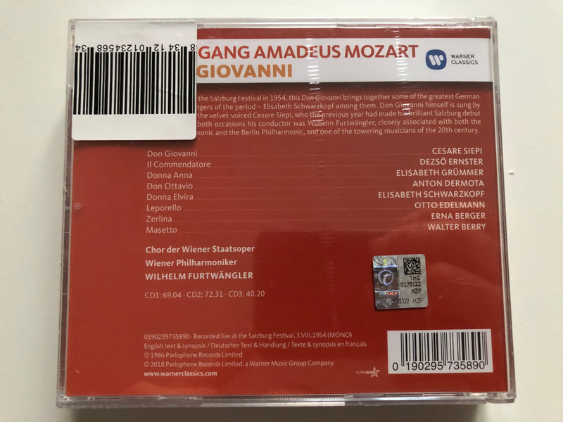 Mozart: Don Giovanni − Cesare Siepi, Elisabeth Schwarzkopf, Elisabeth Grümmer, Erna Berger, Anton Dermota, Otto Edelmann, Dezsö Ernster, Walter Berry, Chor Der Wiener Staatsoper / Warner Classics 3x Audio CD 2018 / 0190295735890