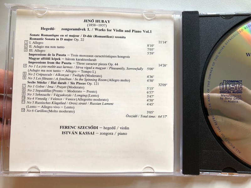 Jenő Hubay - Works For Violin And Piano Vol.1: Sonate Romantique en re majeur Op. 22, Impressions De La Puszta Op. 44, Sechs Stucke Op. 121 - Ferenc Szecsődi (violin), István Kassai (piano) / Hungaroton Classic Audio CD 1997 Stereo / HCD 31733