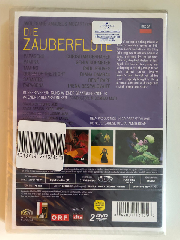 Wolfgang Amadeus Mozart – Die Zauberflöte / CHRISTIAN GERHAHER, GENIA KÜHMEIER, PAUL GROVES, DIANA DAMRAU, RENE PAPE, IRENA BESPALOVAITE / KONZERTVEREINIGUNG WIENER STAATSOPERNCHOR, WIENER PHILHARMONIKER RICCARDO MUTI / DVD Video (044007431597)