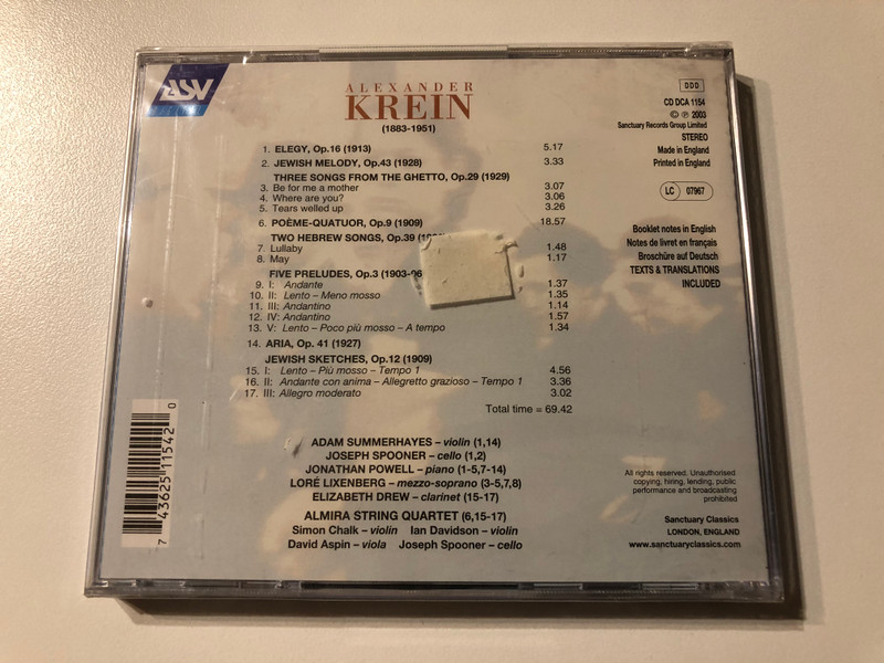 Alexander Krein – Songs From The Ghetto, and other chamber music / ASV Digital Audio CD 2003 / CD DCA 1154