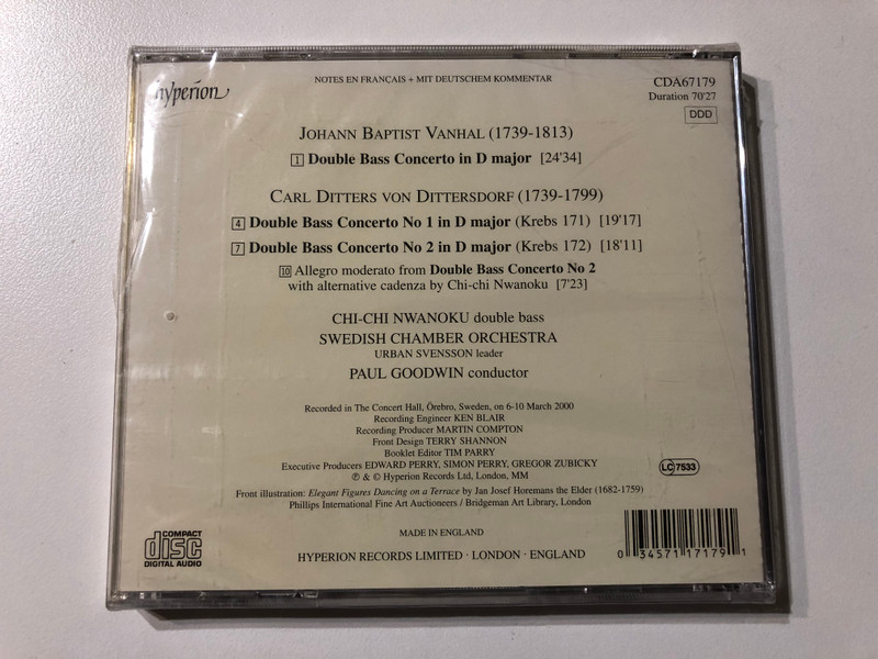 Dittersdorf, Vanhal: Double Bass Concerto -Chi-Chi Nwanoku, Swedish Chamber Orchestra, Paul Goodwin / Hyperion Audio CD 2000 / CDA67179