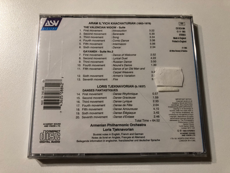 Khachaturian - The Valencian Widow: Suite; Gayaneh: Suite #2; Danses Fantastiques - Armenian Philharmonic Orchestra, Loris Tjeknavorian / ASV Digital Audio CD 1993 Stereo / CD DCA 884