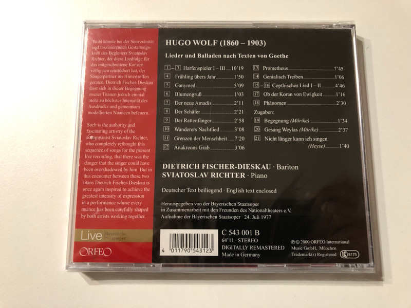 Hugo Wolf, Goethe-Lieder - Dietrich Fischer-Dieskau, Sviatoslav Richter / Bayerische Staatsoper Live / Orfeo Audio CD Stereo / C 543 001 B