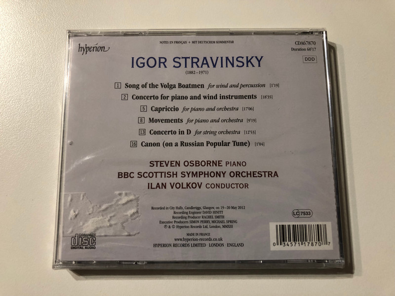 Igor Stravinsky: Complete Works for Piano and Orchestra - Steven Osborne, BBC Scottish Symphony Orchestra, Ilan Volkov / Hyperion Audio CD 2013 / CDA67870