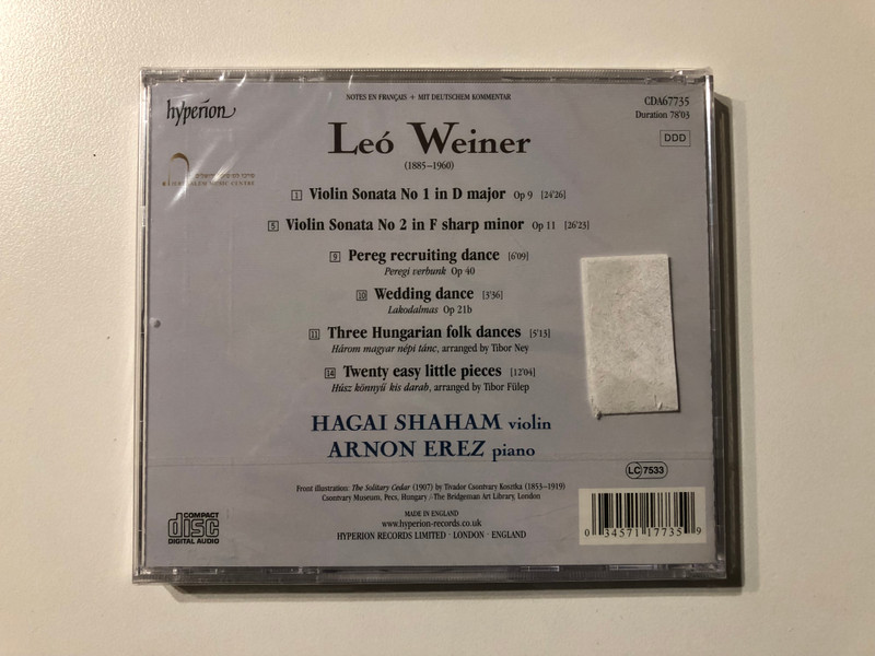 Leó Weiner: Violin Sonatas - Hagai Shaham, Arnon Erez / Hyperion Audio CD / CDA67735