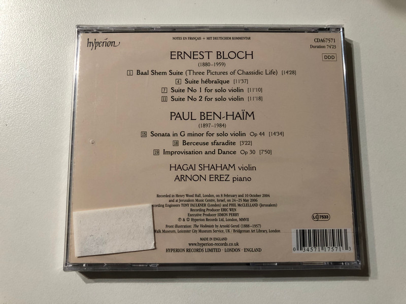 Bloch - Baal Shem Suite; Suite Hébraïque, Ben-Haïm: Sonata In G For Solo Violin - Hagai Shaham, Arnon Erez / Hyperion Audio CD 2007 / CDA67571