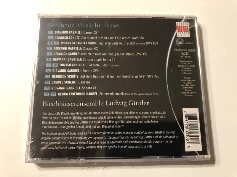 Ludwig Guttler: Berühmte Musik für Bläser = Famous Music For Bass - Gabrieli, Schutz, Scheidt, Albinoni, Bach, Handel / Berlin Classics Audio CD 2011 / 03000308BC (885470003085)