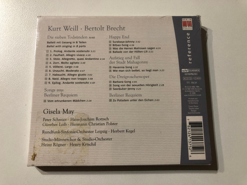 Kurt Weill, Bertolt Brecht - Die Sieben Todsünden; Berliner Requiem; Happy End; Mahagonny; Dreigroschenoper - Gisela May / Reference / Berlin Classics Audio CD 2006 / 0013752BC