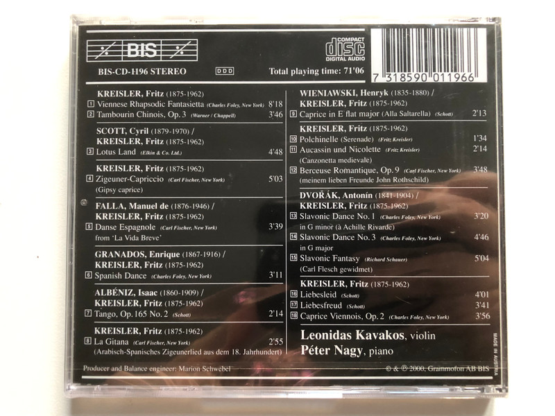Viennese Rhapsody: Music for Violin and Piano by Fritz Kreisler - Leonidas Kavakos (violin), Péter Nagy (piano) / BIS Audio CD 2000 / BIS-CD-1196