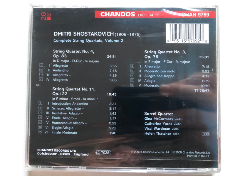 Shostakovich: Complete String Quartets Vol. 2 – Sorrel Quartet / Chandos Audio CD 2000 / CHAN 9769