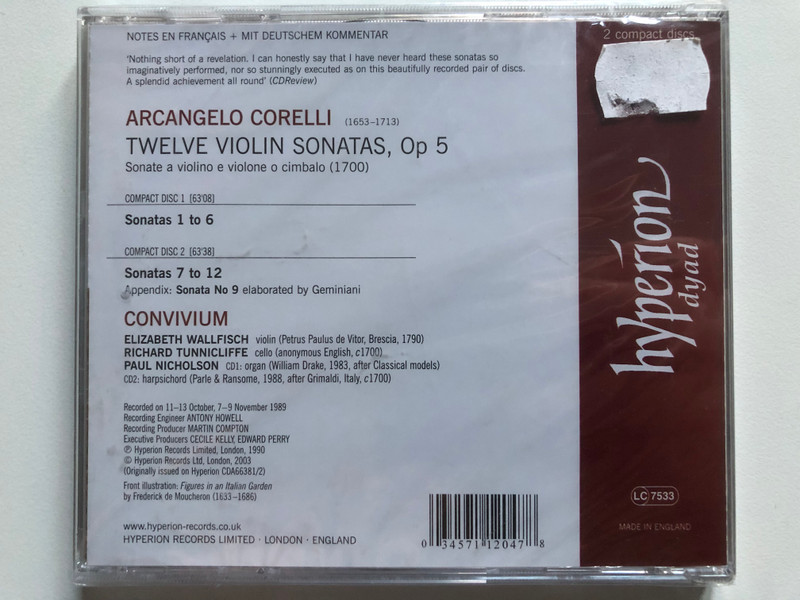 Corelli: Violin Sonatas Op 5 - Elizabeth Wallfisch, Richard Tunnicliffe, Paul Nicholson / Dyad / Hyperion 2x Audio CD 2003 / CDD22047