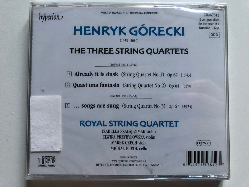 Górecki: The Three String Quartets - Royal String Quartet / Hyperion 2x Audio CD / CDA67812